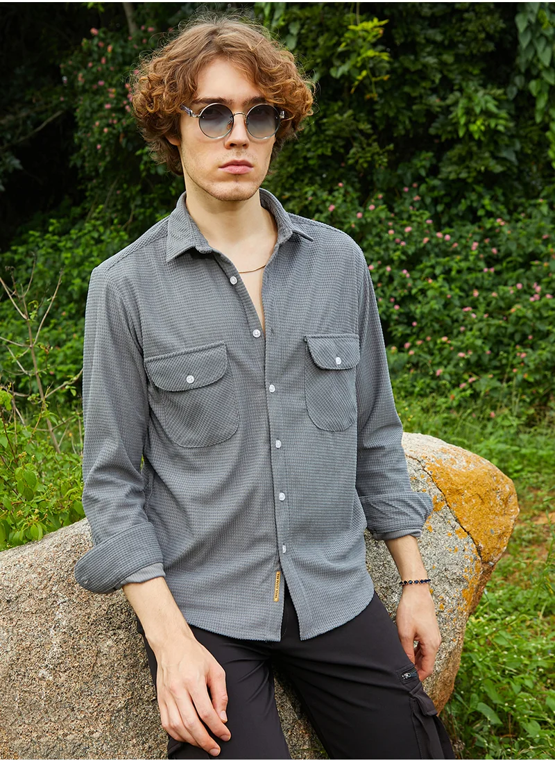 Campus Sutra Men's Coin Grey Micro-Tactile Utility Shirt