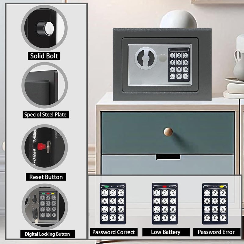 MAX-EMA GLOBAL MAX-EMA Safe Box Locker 17x23x17cm Electronic Keypad + Physical Keys Solid Steel Mini Safe Jewellery Box, Cash Box, Money Box, Locker Small Safe With Premium Steel For Home, Office, Hotel (Grey) - Image 2