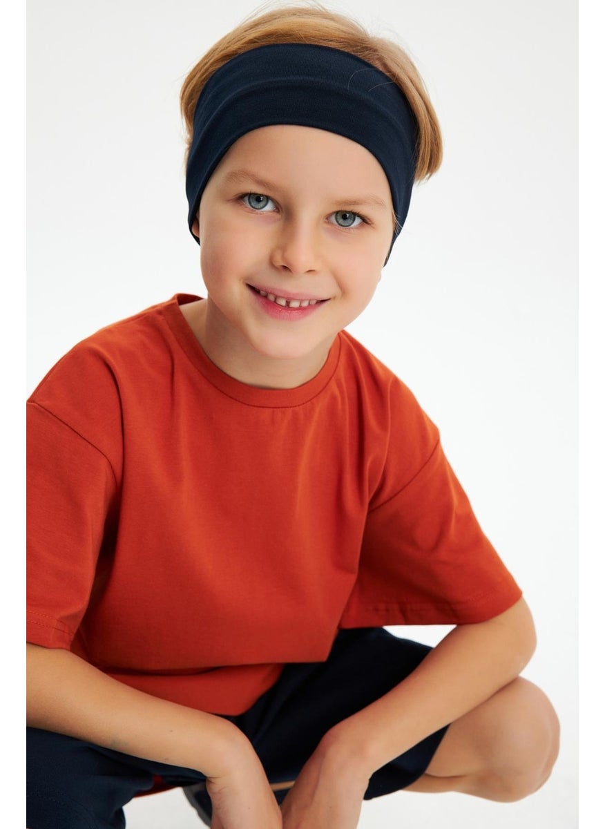 Babygiz Navy Blue-Brick Boy's Cotton Combed Oversize Gray T-Shirt Navy Blue Bandana 2-Piece Set  - Image 1