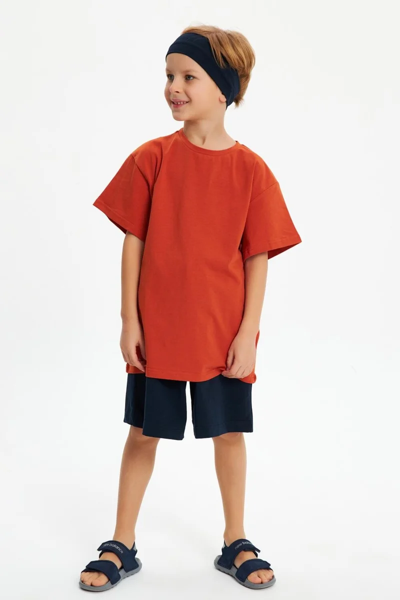 بيبيجيز Navy Blue-Brick Boy's Cotton Combed Oversize Gray T-Shirt Navy Blue Bandana 2-Piece Set