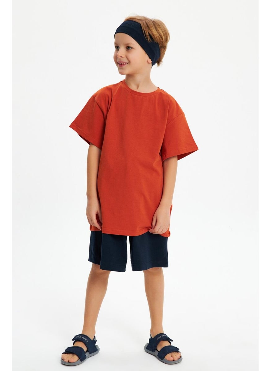 Babygiz Navy Blue-Brick Boy's Cotton Combed Oversize Gray T-Shirt Navy Blue Bandana 2-Piece Set  - Image 5