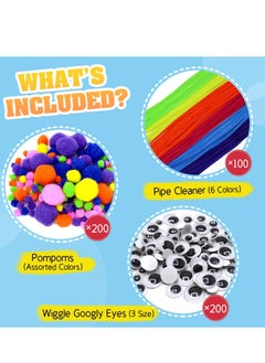 Mordely 500 Pcs Pipe Cleaners Craft Supplies, Including 100 Pcs Pipe Cleaners 200 Pcs Pom Poms Arts and Crafts 200 Pcs Wiggle Googly Eyes Self Adhesive  - Image 2