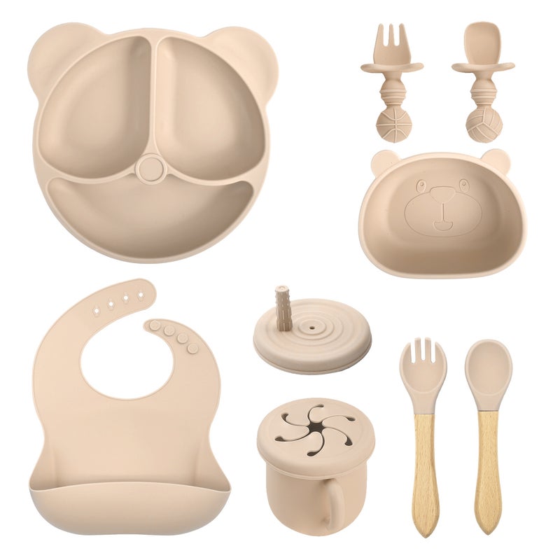 Silicone Baby Dining Set Soft Bib Bowl SpoonBeige 10 pieces-bear plate bear head bowl 2 in 1 cup bib wooden fork spoon short fork spoon Beige 10 pieces-bear plate bear head bowl 2 in 1 cup bib wooden fork spoon short fork spoon