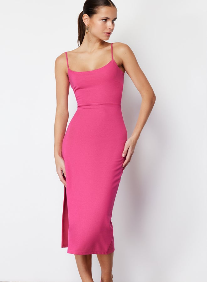 trendyol Fuchsia Cut Out Detailed Slit Body Fitted Strap Midi Flexible Knitted Pencil Dress - Image 2