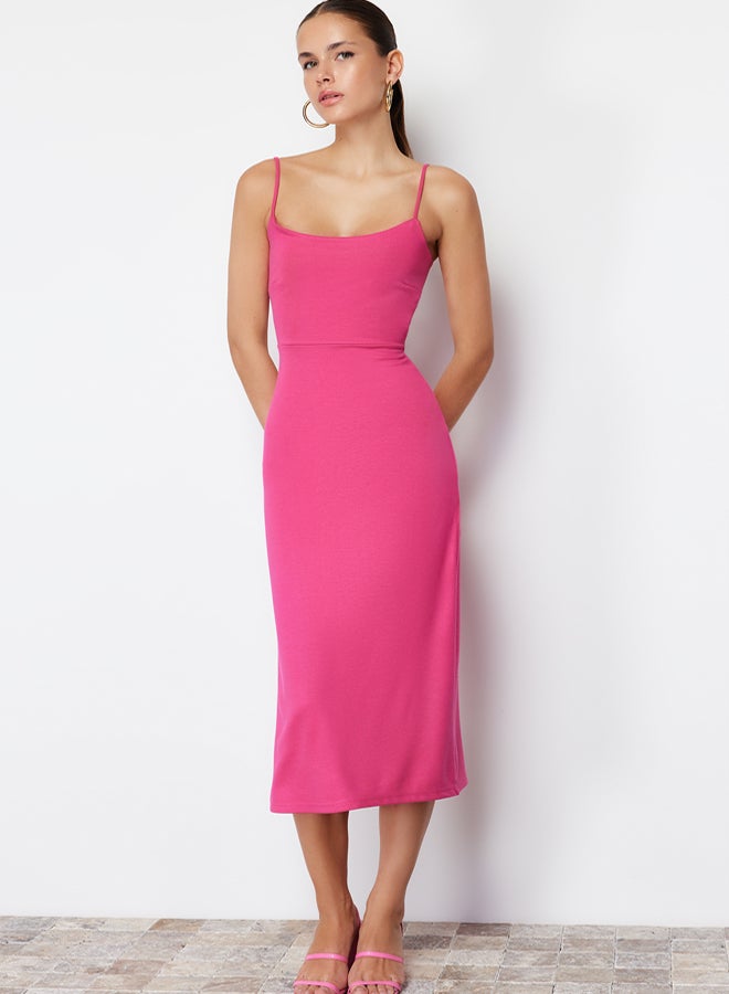 trendyol Fuchsia Cut Out Detailed Slit Body Fitted Strap Midi Flexible Knitted Pencil Dress - Image 1