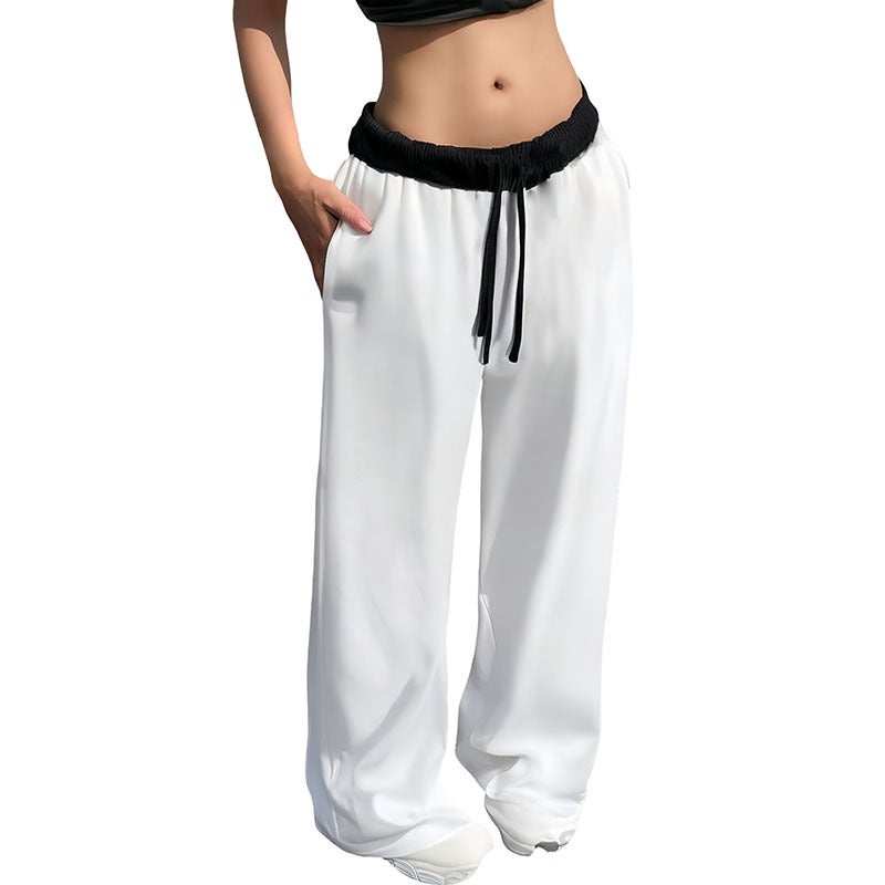 Cross-border color contrast drawstring womens wide-leg casual loose sports pants comfortable European and American personality street spring new women White 