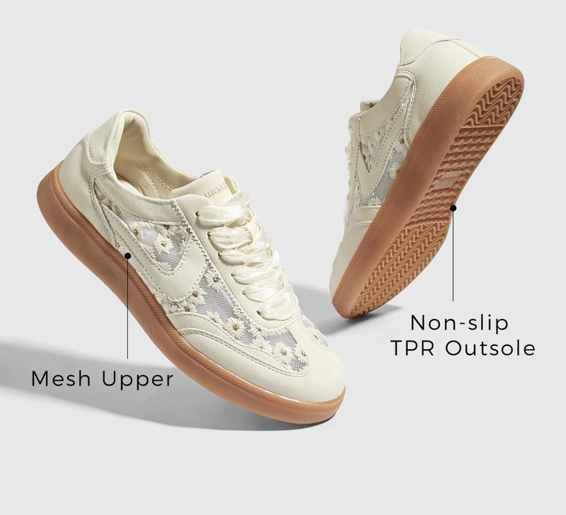 LUCKY STEP Women's Classic Fashion Casual Sneakers Skate Shoes No Slip Lace Up Walking Shoes(9 M US Beige Mesh) - Image 4