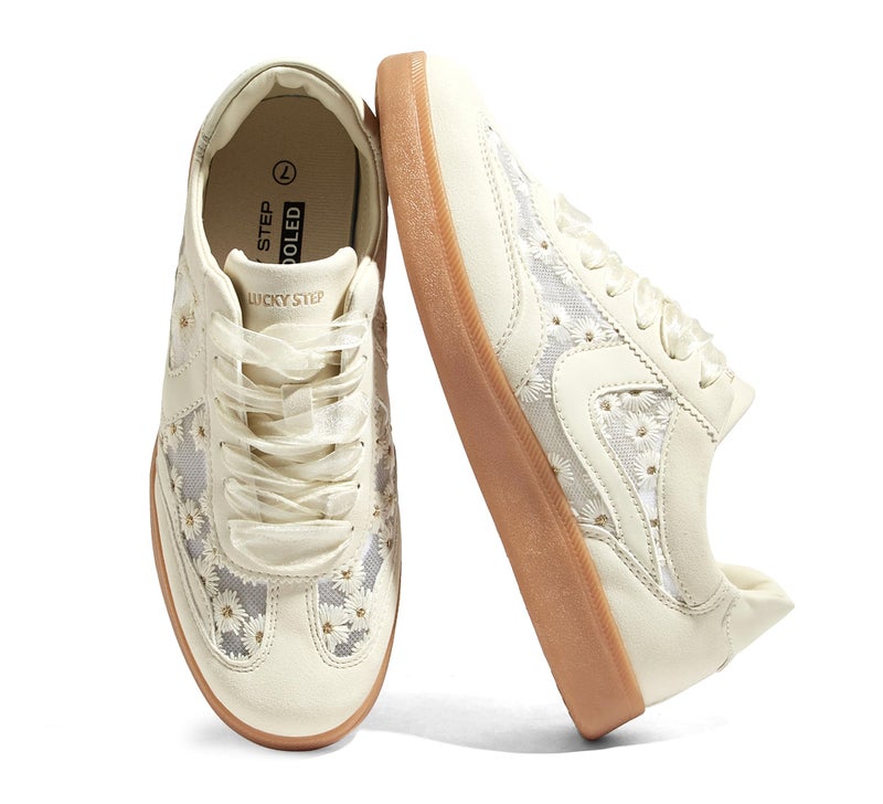 LUCKY STEP Women's Classic Fashion Casual Sneakers Skate Shoes No Slip Lace Up Walking Shoes(9 M US Beige Mesh) - Image 1