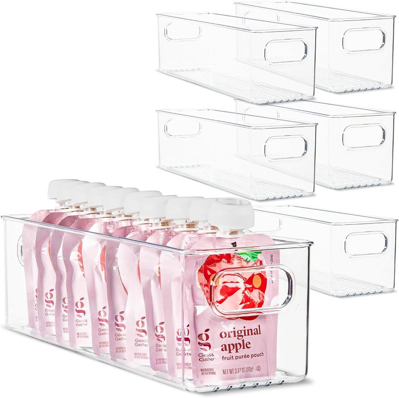 PrimeBox Plastic Food Storage 6 Pack Clear Container Bin with Handles for Organizing Kitchen, Pantry, Refrigerator, Freezer, Pantry, Cabinet, Closet, Bathroom. 14”x4”x4” - Image 1