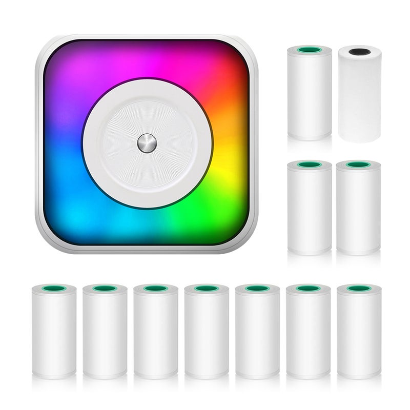 Mini Thermal Printer Multifunction Portable Sticker Maker with RGB Light Instant Photo Inkless Printing Support BT Connection for Smartphone with 1 Thermal Paper Roll 57mm + 10 Self-Adhesive Paper - Image 1