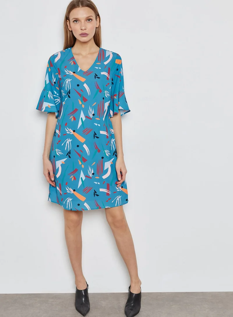 Yumi Flute Sleeve Printed Dress