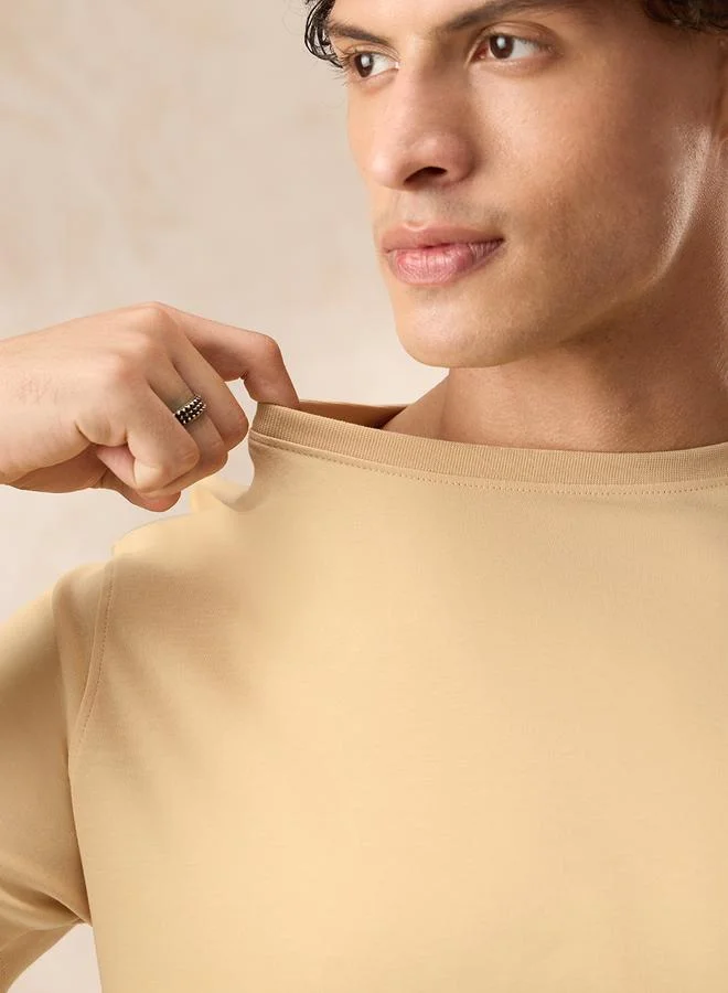 The Souled Store Men Beige Supima Cotton Round Neck T-Shirt