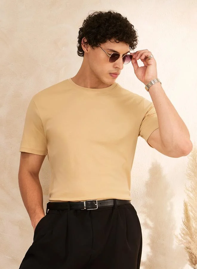 The Souled Store Men Beige Supima Cotton Round Neck T-Shirt