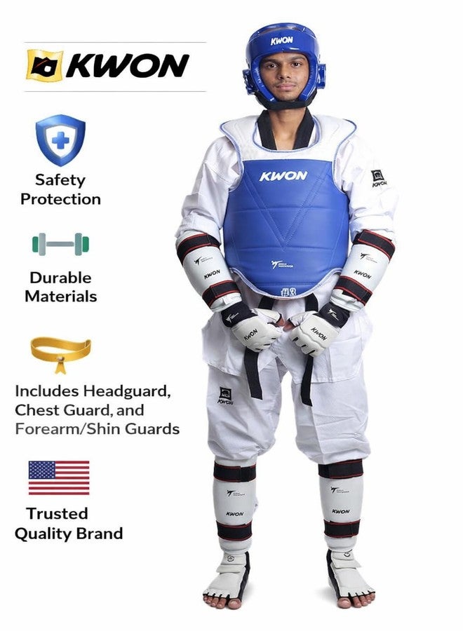 KWON Professional Taekwondo Sparring Gear Set, Blue and White, Complete Protection Kit with Head Guard, Body Protector, Hand and Foot Guards (White, M) - Image 3