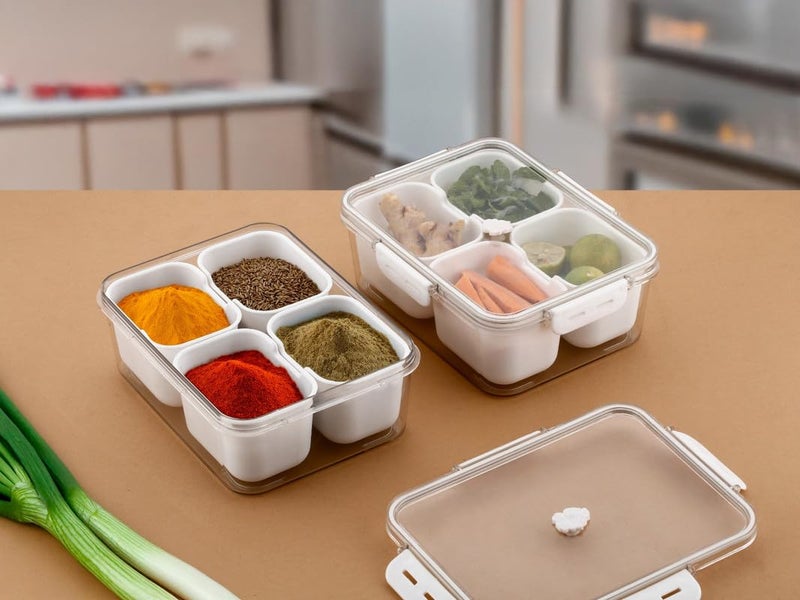Puno Kitchen Organizer 4-Compartment Snack, Fruit & Vegetable Storage Boxes with Lids, Plastic Food Container for Fridge, Spice and Seasoning Container - Pack of 1 - Image 2