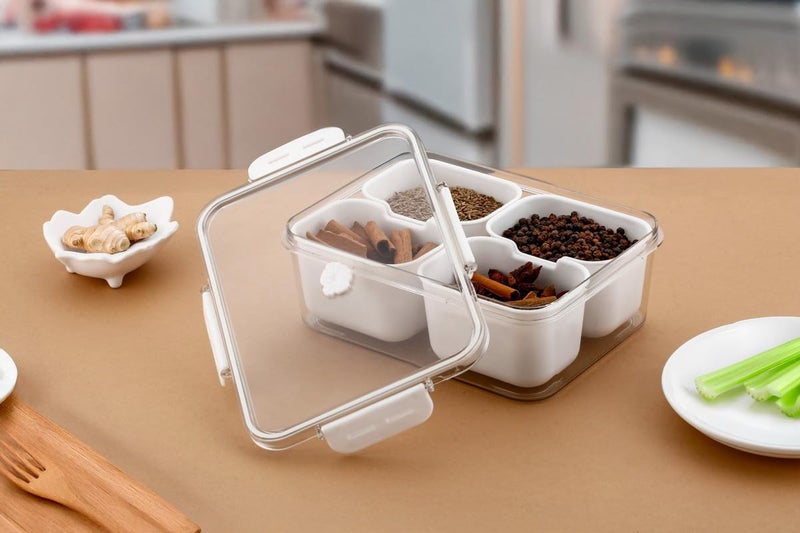 Puno Kitchen Organizer 4-Compartment Snack, Fruit & Vegetable Storage Boxes with Lids, Plastic Food Container for Fridge, Spice and Seasoning Container - Pack of 1 - Image 1