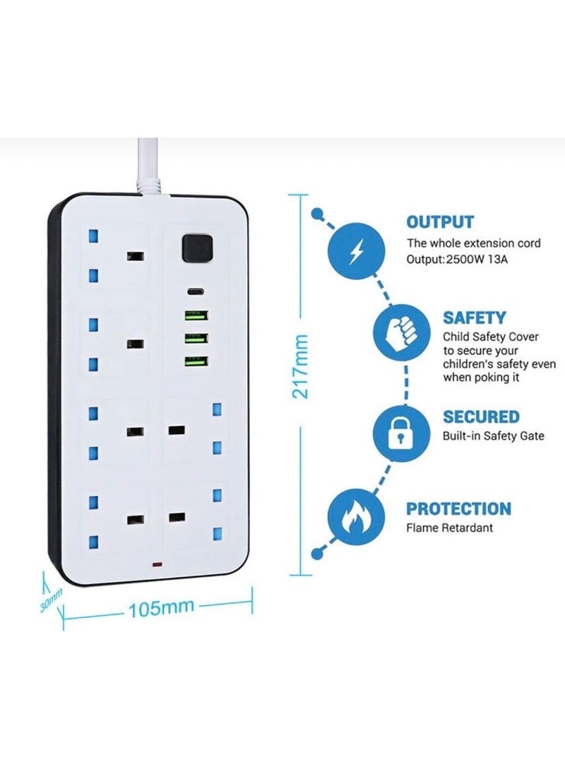 Labra 10‑in‑1 Power Strip with 6 Outlets & 3 USB Ports & 1 PD Port– Child‑Safety Protection, Safety Gate, 2500W Flame‑Retardant Extension - Image 1