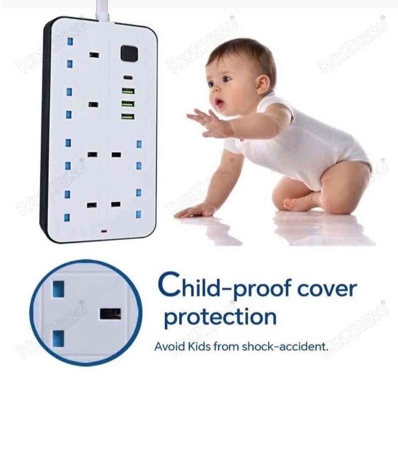 Labra 10‑in‑1 Power Strip with 6 Outlets & 3 USB Ports & 1 PD Port– Child‑Safety Protection, Safety Gate, 2500W Flame‑Retardant Extension - Image 2