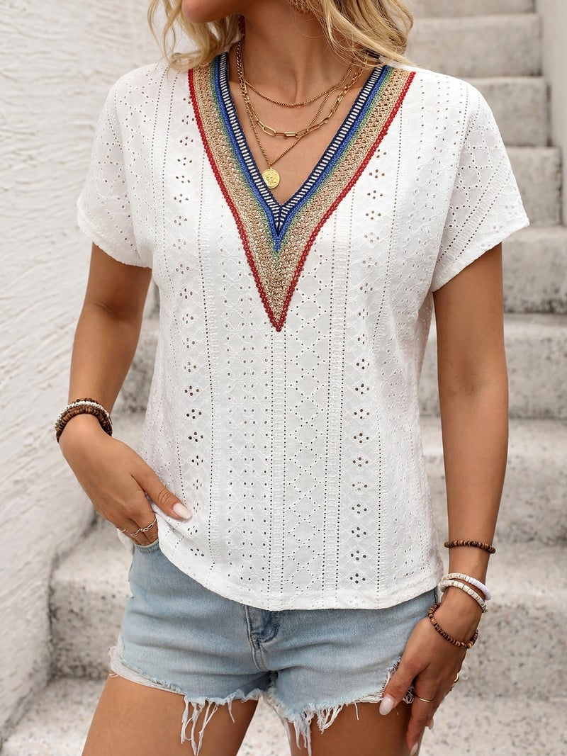 Ethnic Resort Style Short Sleeve T-Shirt for Women, Summer Jacquard Lace Splicing V-Neck Batwing Sleeve Top - Image 2