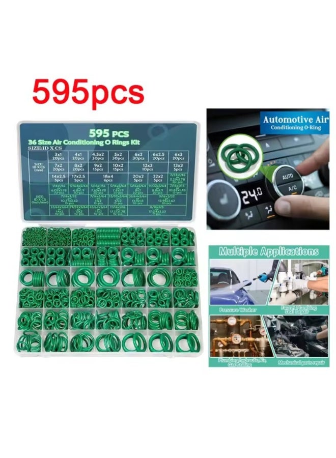 kunshao 595 Pcs Metric and SAE Air Conditioning O Ring Kit,36 Size Seal Rubber O-Rings Assortment Set for Compressor Automotive A/C Plumbing Repair ID:3-22mm (Green) - Image 3