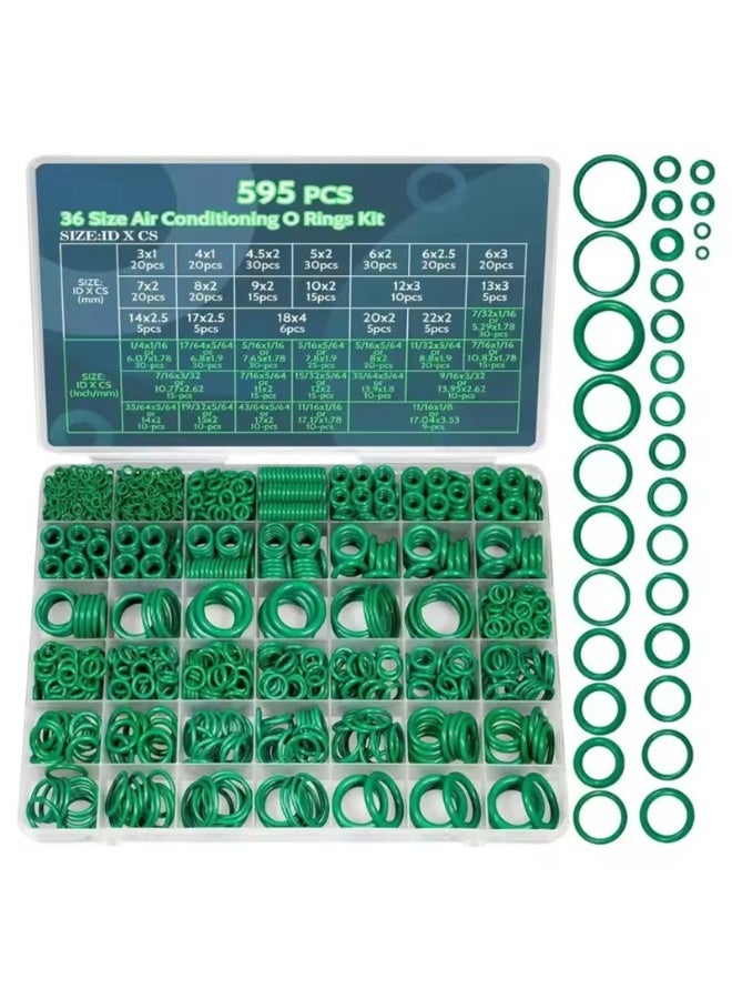 kunshao 595 Pcs Metric and SAE Air Conditioning O Ring Kit,36 Size Seal Rubber O-Rings Assortment Set for Compressor Automotive A/C Plumbing Repair ID:3-22mm (Green) - Image 1