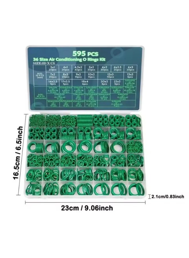 kunshao 595 Pcs Metric and SAE Air Conditioning O Ring Kit,36 Size Seal Rubber O-Rings Assortment Set for Compressor Automotive A/C Plumbing Repair ID:3-22mm (Green) - Image 2