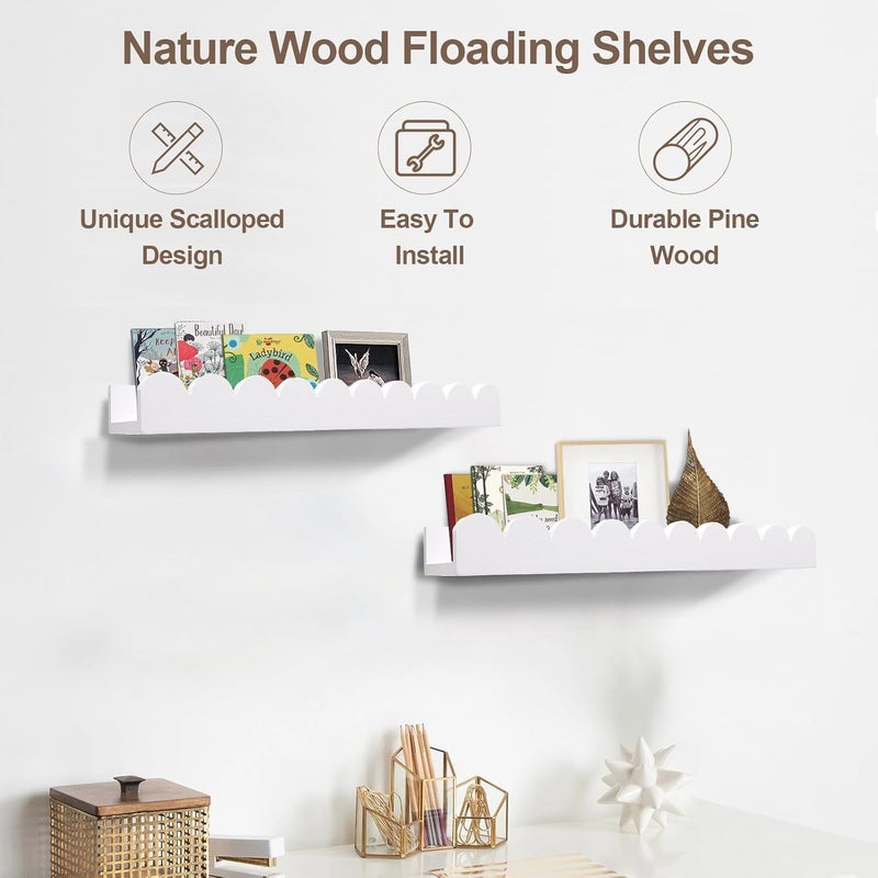 Aputue Floating Nursery Book Shelves, Set of 4 Durable Wall Shelves with Scalloped Design, Large Capacity Storage Solution for Children's Bedroom and Playroom - Image 3