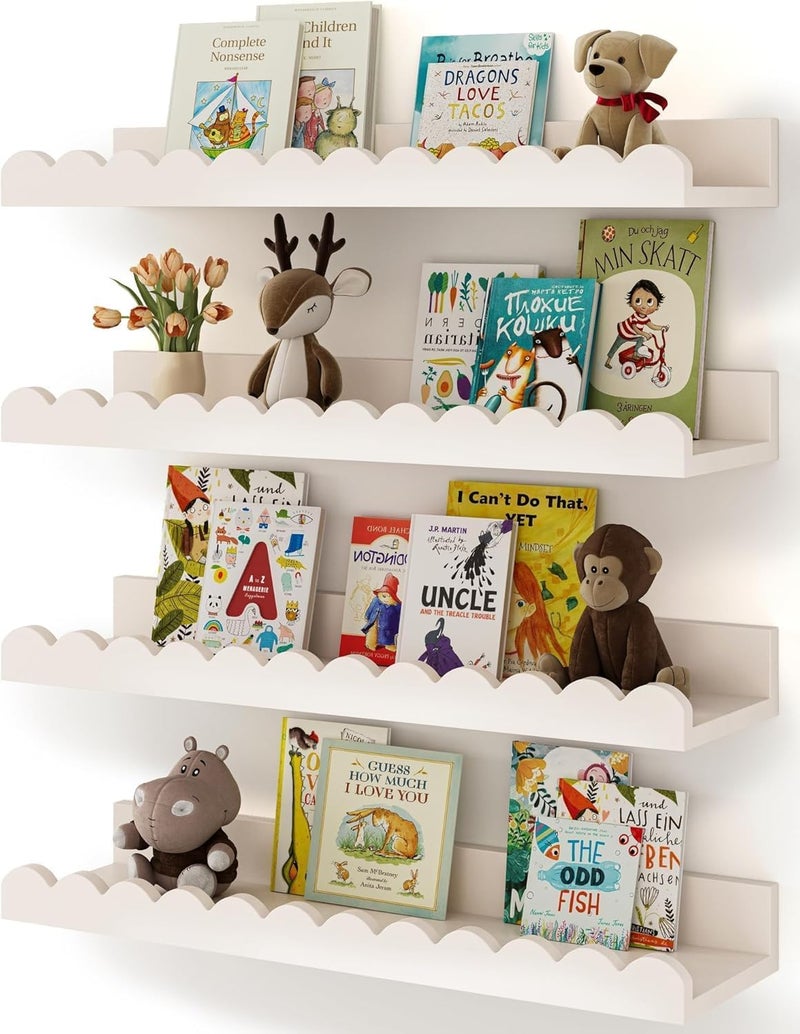 Aputue Floating Nursery Book Shelves, Set of 4 Durable Wall Shelves with Scalloped Design, Large Capacity Storage Solution for Children's Bedroom and Playroom - Image 1