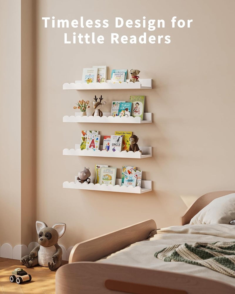 Aputue Floating Nursery Book Shelves, Set of 4 Durable Wall Shelves with Scalloped Design, Large Capacity Storage Solution for Children's Bedroom and Playroom - Image 4