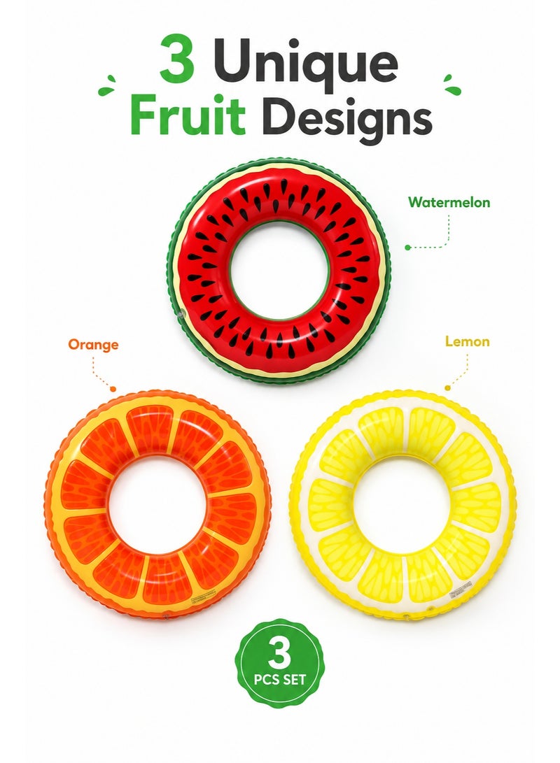 3 PCS Fruit Inflatable Swim Rings, 32.5 Inch Pool Float Tubes for Kids and Adults, Watermelon Lemon Orange Swimming Rings for Pool Beach Summer Party - Image 5