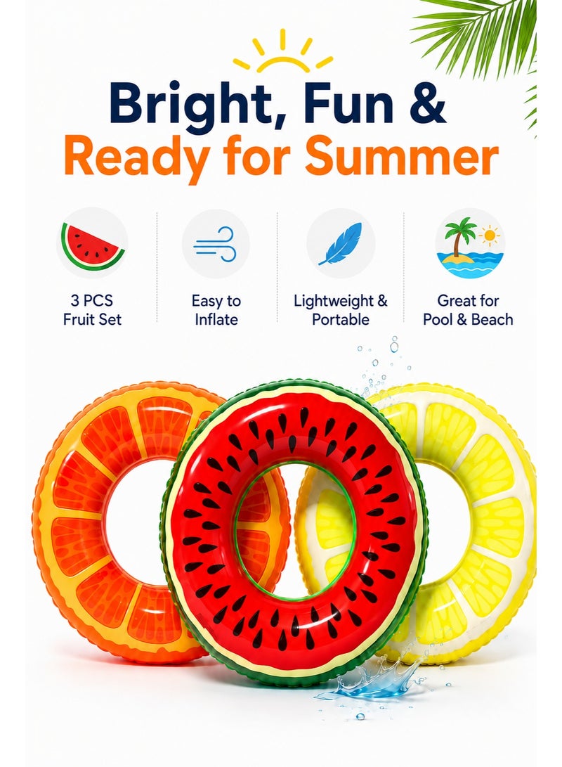 3 PCS Fruit Inflatable Swim Rings, 32.5 Inch Pool Float Tubes for Kids and Adults, Watermelon Lemon Orange Swimming Rings for Pool Beach Summer Party - Image 2