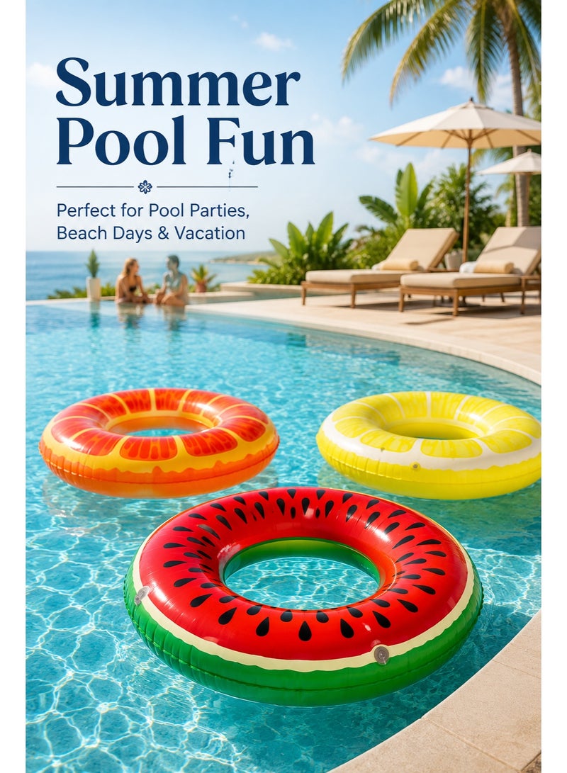 3 PCS Fruit Inflatable Swim Rings, 32.5 Inch Pool Float Tubes for Kids and Adults, Watermelon Lemon Orange Swimming Rings for Pool Beach Summer Party - Image 3
