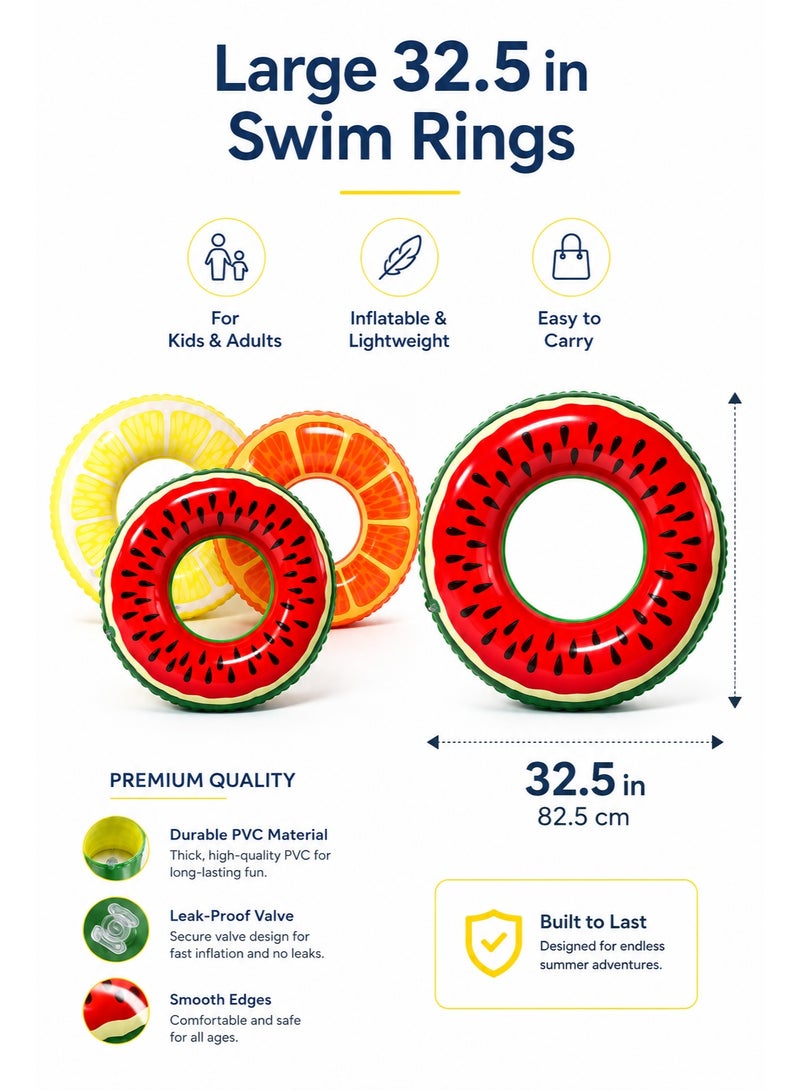 3 PCS Fruit Inflatable Swim Rings, 32.5 Inch Pool Float Tubes for Kids and Adults, Watermelon Lemon Orange Swimming Rings for Pool Beach Summer Party - Image 4