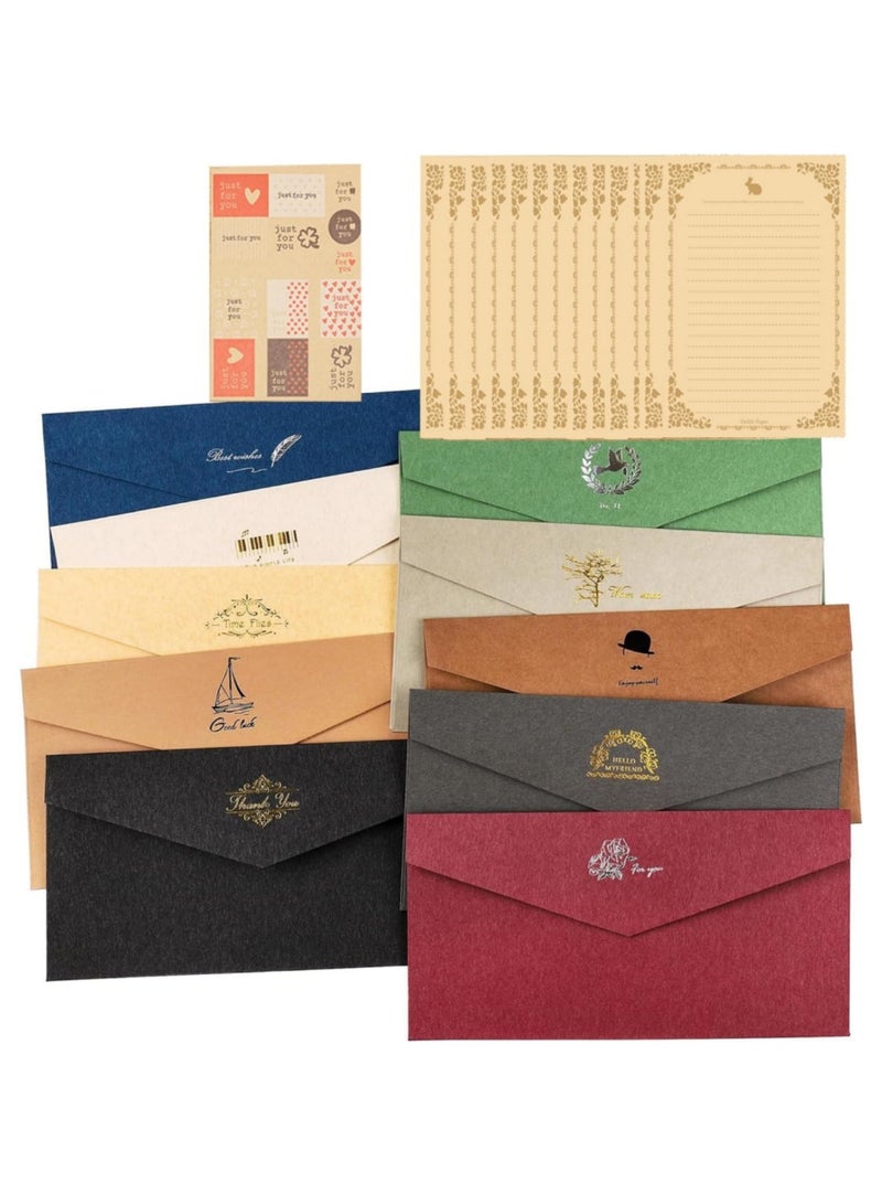 saykfoe [10 Pcs] Thickened Vintage Color Envelope,with 16 Stationery Paper and 13 Stickers, “8.7 x 4.3inch” Premium Envelopes for Invitation Envelopes, Colourful Budget Envelopes, Vintage Kraft Paper Envelopes, BAG Envelope Set  - Image 1