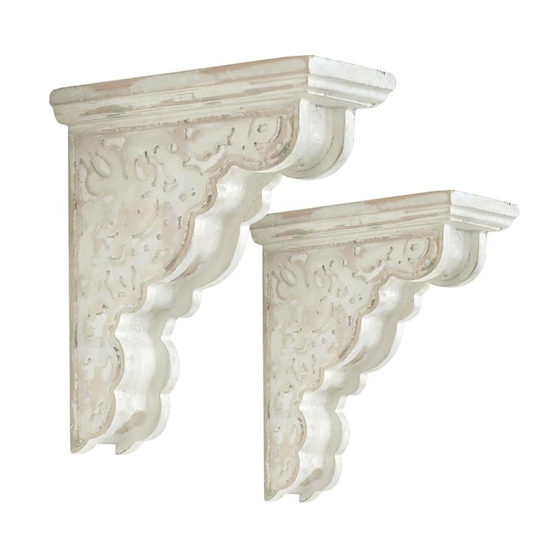 All Chic Set of 2 Corbels for Shelves Wood Corbels Decorative Shelf Brackets Farmhouse Decor Wooden Vintage Shelf White Floating Wall Shelf Long - Image 1