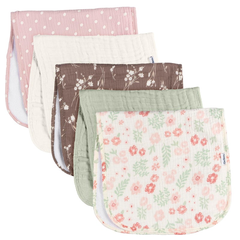 Gerber Baby Unisex Muslin Burp Cloths 5-Pack, Multi Pink Floral, Large Size 20" x 10" - Image 1