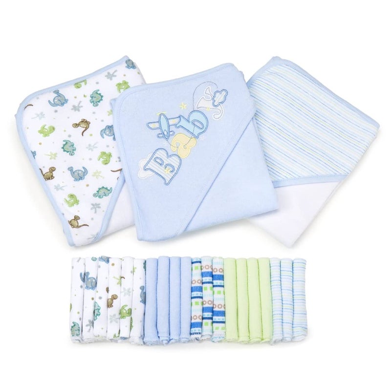 Spasilk Bath Hooded Towels & Washcloths Set for Babies, 23-Piece Gift Set, Blue - Image 1