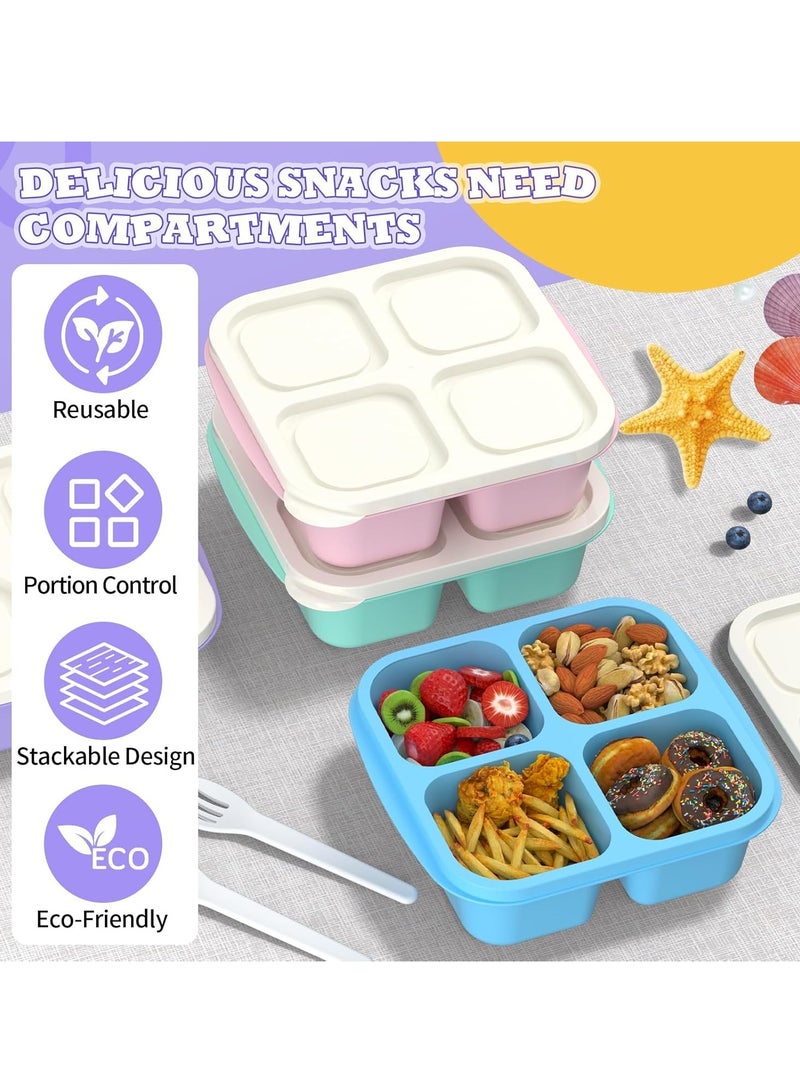 SYOSI 4 Pcs Bento Box, 4-Compartments Bento Lunch Box with Lid, Reusable BPA-Free Bento Box for School, Work and Travel, Snack Storage Box with 10 Small Fork, a Pair of Fork and Spoon  - Image 3