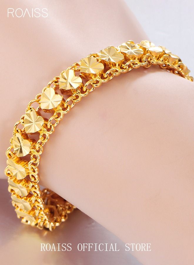 Heart Decor Chain Bracelet Cuff Bangle Jewelry Gift for Women Wife Golden 