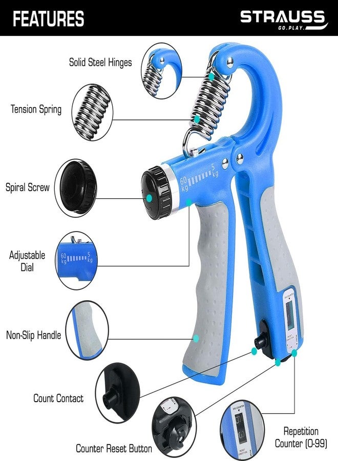 Strauss Adjustable Hand Grip Strengthener with Counter Meter - Blue (Pack of 2) - Image 2