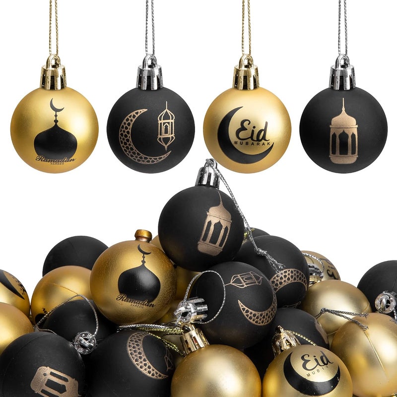 Iceyyyy 24 PCS Ramadan Ornament Ball, 1.57" Black Gold Eid Mubarak Hanging Balls, Ramadan Mubarak Ornaments for Islamic Muslim Tree Party Decor - Image 1
