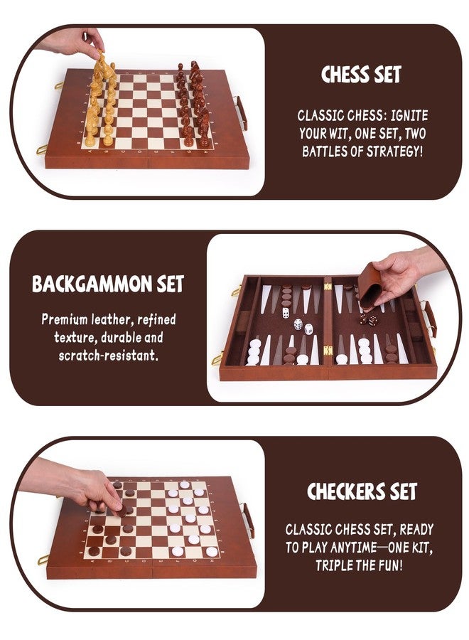 Kvintes 3-in-1 Chess Checkers Backgammon Set – 15" Folding Leather Chess Board with Handle, Acrylic Chess Pieces & Checkers, Travel Board Game Set with Storage & 2 Extra Queens - Image 2