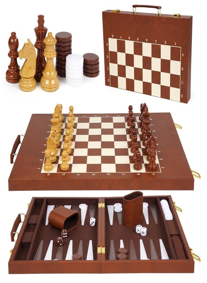 Kvintes 3-in-1 Chess Checkers Backgammon Set – 15" Folding Leather Chess Board with Handle, Acrylic Chess Pieces & Checkers, Travel Board Game Set with Storage & 2 Extra Queens - Image 1