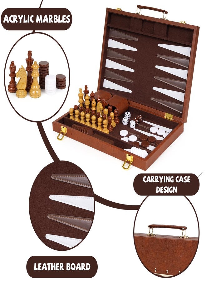 Kvintes 3-in-1 Chess Checkers Backgammon Set – 15" Folding Leather Chess Board with Handle, Acrylic Chess Pieces & Checkers, Travel Board Game Set with Storage & 2 Extra Queens - Image 3
