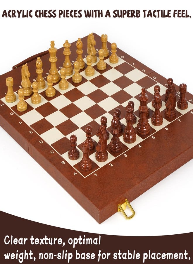 Kvintes 3-in-1 Chess Checkers Backgammon Set – 15" Folding Leather Chess Board with Handle, Acrylic Chess Pieces & Checkers, Travel Board Game Set with Storage & 2 Extra Queens - Image 5