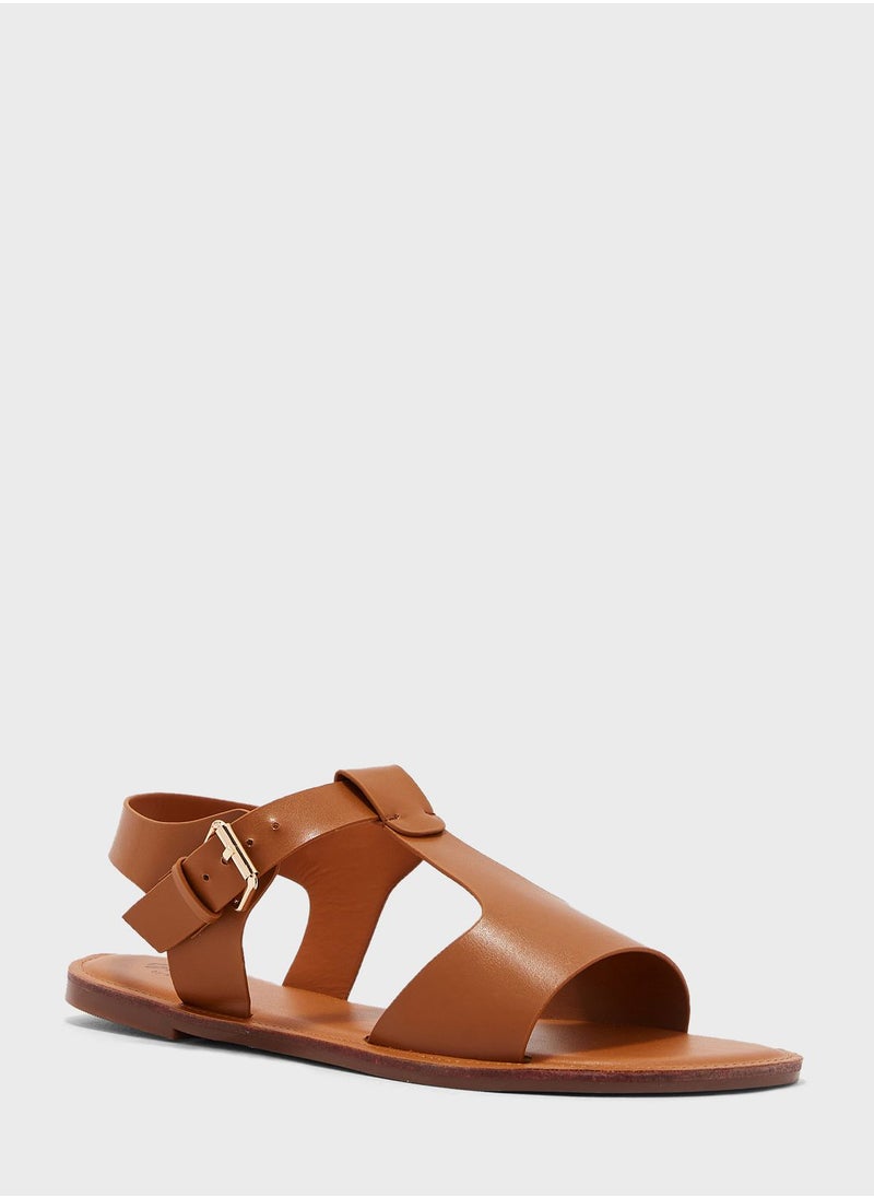 Ginger - Cutout Ankle Strap Flat Sandal Tan - Image 1