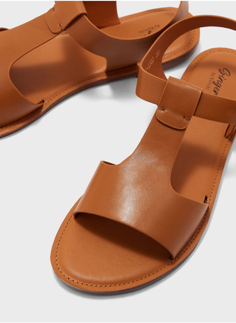 Ginger - Cutout Ankle Strap Flat Sandal Tan - Image 1