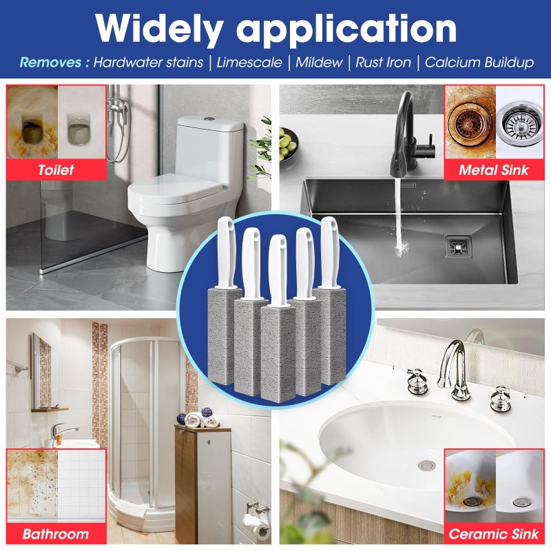 AZEN 5 Pack Pumice Stone for Cleaning, Pumie Scouring Stick with Handle, Pumice Stone Toilet Bowl Cleaner, Hard Water Stain Remover for Toilet, Bathroom, Kitchen Sink, Grill - Image 5