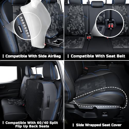 bgucar Leather Seat Covers Custom Fit for 2024-2026 Tacoma Gen 4th Double Cab - Fully Covered - Fit Like a Glove - Center Console Armrest Covers Included - Camouflage Black & Blue Stitching - Image 5