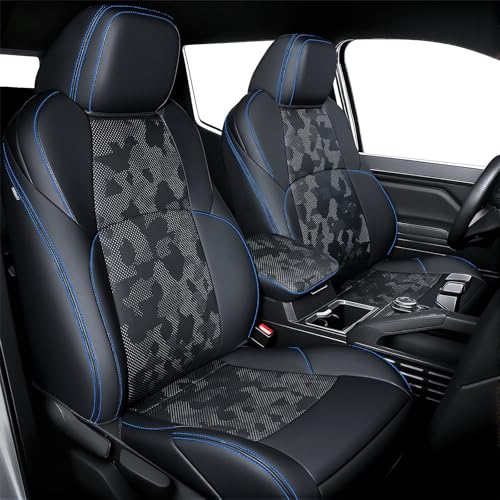 bgucar Leather Seat Covers Custom Fit for 2024-2026 Tacoma Gen 4th Double Cab - Fully Covered - Fit Like a Glove - Center Console Armrest Covers Included - Camouflage Black & Blue Stitching - Image 1